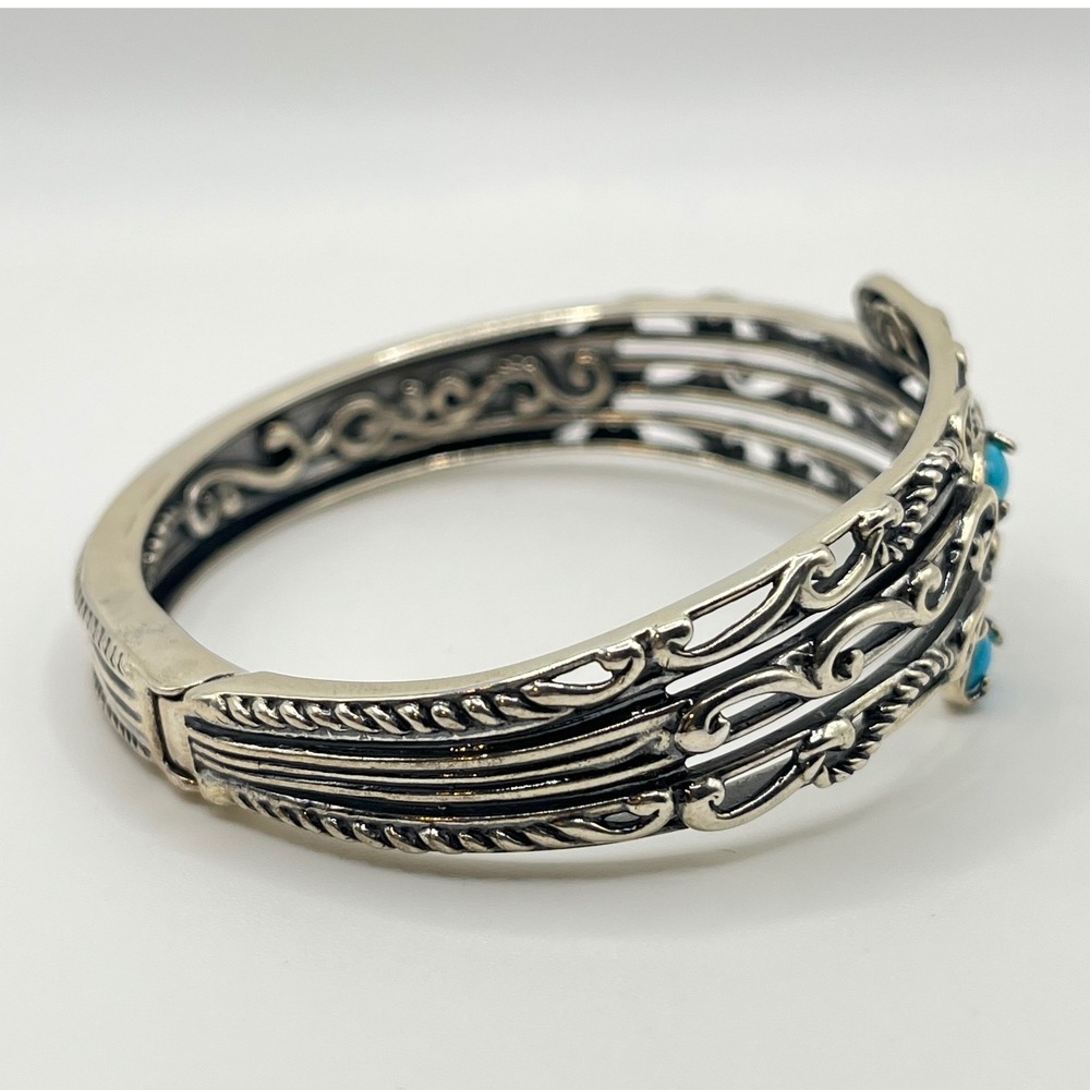 Carolyn Pollack Sterling Silver Turquoise Filigree Hinged Bypass Cuff Bracelet - Picture 5 of 8